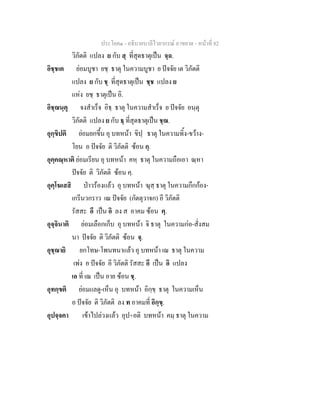 ประโยค๑ - อธิบายบาลีไวยากรณ์ อาขยาต - หน้าที่ 82 
วิภัตติ แปลง ย กับ สฺ ที่สุดธาตุเป็น จฺฉ. 
อิชฺชเต ย่อมบูชา ยชฺ ธาตุ ในความบูชา ย ปัจจัย เต วิภัตติ 
แปลง ย กับ ชฺ ที่สุดธาตุเป็น ชฺช แปลง ย 
แห่ง ยชฺ ธาตุเป็น อิ. 
อิชฺฌนฺตุ จงสำเร็จ อิธฺ ธาตุ ในความสำเร็จ ย ปัจจัย อนฺตุ 
วิภัตติ แปลง ย กับ ธฺ ที่สุดธาตุเป็น ชฺฌ. 
อุกฺขิปติ ย่อมยกขึ้น อุ บทหน้า ขิปฺ ธาตุ ในความทิ้ง-ขว้าง- 
โยน อ ปัจจัย ติ วิภัตติ ซ้อน กฺ. 
อุคฺคณฺหาติ ย่อมเรียน อุ บทหน้า คหฺ ธาตุ ในความถือเอา ณฺหา 
ปัจจัย ติ วิภัตติ ซ้อน คฺ. 
อุคฺโฆเสสิ ป่าวร้องแล้ว อุ บทหน้า ฆุสฺ ธาตุ ในความกึกก้อง- 
เกรีนวกราว เณ ปัจจัย (กัตตุวาจก) อี วิภัตติ 
รัสสะ อี เป็น อิ ลง ส อาคม ซ้อน คฺ. 
อุจฺจินาติ ย่อมเลือกเก็บ อุ บทหน้า จิ ธาตุ ในความก่อ-สั่งสม 
นา ปัจจัย ติ วิภัตติ ซ้อน จฺ. 
อุชฺฌายิ ยกโทษ-โพนทนาแล้ว อุ บทหน้า เฌ ธาตุ ในความ 
เพ่ง อ ปัจจัย อี วิภัตติ รัสสะ อี เป็น อิ แปลง 
เอ ที่ เฌ เป็น อาย ซ้อน ชฺ. 
อุทกฺขติ ย่อมแลดู-เห็น อุ บทหน้า อิกฺขฺ ธาตุ ในความเห็น 
อ ปัจจัย ติ วิภัตติ ลง ท อาคมที่ อิกฺขฺ. 
อุปจฺจคา เข้าไปล่วงแล้ว อุป+อติ บทหน้า คมฺ ธาตุ ในความ 
 