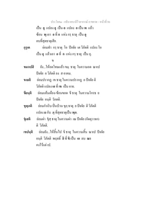 ประโยค๑ - อธิบายบาลีไวยากรณ์ อาขยาต - หน้าที่ 86 
เป็น อุ แปลง อุ เป็น อ แปลง อ เป็น พ แล้ว 
ซ้อน พฺ เอา อ ที่ ก แห่ง กรฺ ธาตุ เป็น อุ 
ลบที่สุดธาตุเสีย. 
กุรุเต ย่อมทำ กรฺ ธาตุ โอ ปัจจัย เต วิภัตติ แปลง โอ 
เป็น อุ แล้วเอา อ ที่ ก แห่ง กรฺ ธาตุ เป็น อุ. 
ข 
ขมาเปสิ ยัง...ให้อดโทษแล้ว ขมฺ ธาตุ ในความอด ณาเป 
ปัจจัย อ วิภัตติ ลง ส อาคม. 
ขายติ ย่อมปรากฏ เข ธาตุ ในความปรากฏ อ ปัจจัย ติ 
วิภัตติ แปลง เอ ที่ เข เป็น อาย. 
ขียนฺติ ย่อมแค้นเคือง-ข้อนขอด ขี ธาตุ ในความโกรธ ย 
ปัจจัย อนฺติ วัภตติ. 
ขุพฺภติ ย่อมกำเริบ-ปั่นป่วน ขุภฺ ธาตุ ย ปัจจัย ติ วิภัตติ 
แปลง ย กับ ภฺ ที่สุดธาตุเป็น พฺภ. 
ขุํเสติ ยอ่มด่า ขุํสฺ ธาตุ ในความด่า เณ ปัจจัย (กัตตุวาจก) 
ติ วิภัตติ. 
เขปนฺติ ย่อมยัง...ให้สิ้นไป ขิ ธาตุ ในความสิ้น ณาเป ปัจจัย 
อนฺติ วิภัตติ พฤทธิ์ อิ ที่ ขิ เป็น เอ ลบ ณา 
คงไว้แต่ เป. 
 