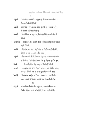 ประโยค๑ - อธิบายบาลีไวยากรณ์ อาขยาต - หน้าที่ 87 
ค 
คชฺชติ ย่อมคำรน-กระหึ่ม คชฺชฺ ธาตุ ในความออกเสียง- 
ร้อง อ ปัจจัย ติ วิภัตติ. 
คเณติ ย่อมนับ-คำนวณ คณฺ ธาตุ เณ ปัจจัย (กัตตุวาจก) 
ติ วิภัตติ ไม่ทีฆะต้นธาตุ. 
ครหติ ย่อมติเตียน ครหฺ ธาตุ ในความติเตียน อ ปัจจัย ติ 
วิภัตติ. 
คเวสนฺติ ย่อมแสวงหา คเวสฺ ธาตุ ในความแสวงหา อ ปัจจัย 
อนฺติ วิภัตติ. 
คายติ ย่อมขับร้อง เค ธาตุ ในความขับร้อง อ ปัจจัย ติ 
วิภัตติ เอา เอ แห่ง เค เป็น อาย. 
คิชฺฌติ ย่อมกำหนัด-ยินดี-มักมาก คิธฺ ธาตุ ในความอยากจัด 
ย ปัจจัย ติ วิภัตติ แปลง ย กับ ธฺ ที่สุดธาตุ เป็น ชฺฌ. 
คิลติ ย่อมกลืนกิน คิลฺ ธาตุ อ ปัจจัย ติ วิภัตติ. 
คูหยติ ย่อมซ่อน คุหฺ ธาตุ ในความซ่อน ณฺย ปัจจัย (กัตตุ- 
วาจก) ติ วิภัตติ ลบ ณ แห่ง ณฺย เสีย ทีฆะต้นธาตุ. 
โคเปติ ย่อมซ่อน คุปฺ ธาตุ ในความคุ้มครอง เณ ปัจจัย 
(กัตตุวาจก) ติ วิภัตติ พฤทธิ์ อุ แห่ง คุปฺ เป็น โอ. 
ฆ 
ฆเฏสิ พากเพียร-สืบต่อแล้ว ฆฏฺ ธาตุ ในความสืบต่อ เณ 
ปัจจัย (กัดตุวาจก) อ วิภัตติ รัสสะ อี เป็น อิ ไม่ 
 