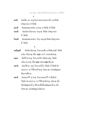 ประโยค๑ - อธิบายบาลีไวยากรณ์ อาขยาต - หน้าที่ 93 
ถ 
ถเกติ ย่อมปิด ถกฺ ธาตุ ในความกระทบกระทั่ง เณ ปัจจัย 
(กัตตุวาจก) ติ วิภัตติ. 
ถุนาติ ย่อมชมเชย-ยกย่อง ถุ ธาตุ นา ปัจจัย ติ วิภัตติ. 
เถเนติ ย่อมลัก-ขโมย เถนฺ ธาตุ เณ ปัจจัย (กัตตุวาจก) 
ติ วิภัตติ. 
โถเมติ ย่อมชมเชย-ยกย่อง โถมฺ ธาตุ เณ ปัจจัย (กัตตุวาจก) 
ติ วิภัตติ. 
ท 
ทกฺขิสฺสติ จักเห็น ทิสฺ ธาตุ ในความเห็น อ ปัจจัย สฺสติ วิภัตติ 
แปลง ทิสฺ ธาตุ เป็น ทกฺข ลง อิ อาคมหลังธาตุ. 
ทชฺชา พึงให้ ทา ธาตุ ในความให้ อ ปัจจัย เอยฺย วิภัตติ 
แปลง ทา ธาตุ เป็น ทชฺช แปลง เอยฺย เป็น อา. 
ททาติ ย่อมให้ ทา ธาตุ ในความให้ อ ปัจจัย ติ วิภัตติ ทำ 
เทวฺภาวะ ทา ไว้ข้างหน้าธาตุ รัสสะ อา แห่งพยัญชนะ 
อัพภาสเป็น อ. 
ทธาติ ย่อมทรงไว้ ธา ธาตุ ในความทรงไว้ อ ปัจจัย ติ 
วิภัตติ ทำ เทฺวภาวะ ธา ไว้ข้างหน้าธาตุ แปลง ธ ซึ่ง 
เป็นพยัญชนะที่ ๔ เป็น ท ซึ่งเป็นพยัญชนะที่ ๓ แล้ว 
รัสสะ อา แห่งพยัญชนะอัพภาส. 
 