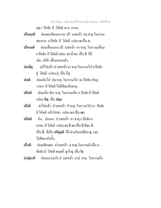 ประโยค๑ - อธิบายบาลีไวยากรณ์ อาขยาต - หน้าที่ 98 
อุณา ปัจจัย ติ วิภัตติ ลง ย อาคม. 
ปริสกฺกติ ย่อมตะเกียกตะกาย ปริ บทหน้า สกฺ ธาตุ ในความ 
พยายาม ย ปัจจัย ติ วิภัตติ แปลง ย เป็น ก. 
ปริหายติ ย่อมเสื่อมรอบ ปริ บทหน้า หา ธาตุ ในความเสื่อม 
ย ปัจจัย ติ วิภัตติ แปลง อา ที่ หา เป็น อิ ก็มี 
เช่น ปหิยิ เสื่อมรอบแล้ว. 
ปลายึสุ หนีไปแล้ว ป บทหน้า ลา ธาตุ ในความไป ย ปัจจัย 
อุํ วิภัตติ แปลง อุํ เป็น อึส.ุ 
ปเลติ ย่อมบินไป ปลฺ ธาตุ ในความไป เณ ปัจจัย (กัตตุ- 
วาจก) ติ วิภัตติ ไม่มีทีฆะต้นธาตุ. 
ปสิสติ ย่อมเห็น ทิสฺ ธาตุ ในความเห็น อ ปัจจัย ติ วิภัตติ 
แปลง ทิสฺ เป็น ปสฺส. 
ปหิณิ ส่งไปแล้ว ป บทหน้า หิ ธาตุ ในความไป นา ปัจจัย 
อี วิภัตติ แล้วรัสสะ แปลง นา เป็น ณา. 
ปหียติ อัน... ย่อมละ ป บทหน้า หา ธาตุ ย ปัจจัย อ 
อาคม ติ วิภัตติ แปลง อา ที่ หา เป็น อิ ทีฆะ อิ 
เป็น อี, ที่เป็น ปหิยฺยติ ก็มี ต่างกันแต่ซ้อน ยฺ และ 
ไม่ทีฆะเท่านั้น. 
ปโหติ ย่อมเพียงพอ ป บทหน้า หุ ธาตุ ในความมี-เป็น อ 
ปัจจัย ติ วิภัตติ พฤทธิ์ อุ ที่ หุ เป็น โอ. 
ปาปุณาติ ย่อมบรรลุ-ถึง ป บทหน้า อาปฺ ธาตุ ในความถึง 
 