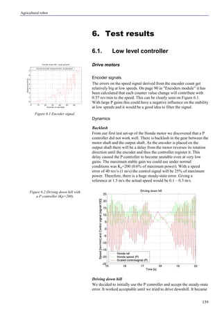 Agricultural robot
139
6. Test results
6.1. Low level controller
Drive motors
Encoder signals
The errors on the speed signal derived from the encoder count get
relatively big at low speeds. On page 90 in "Encoders module” it has
been calculated that each counter value change will contribute with
0.37 rev/min to the speed. This can be clearly seen on Figure 6.1.
With large P gains this could have a negative influence on the stability
at low speeds and it would be a good idea to filter the signal.
Dynamics
Backlash
From our first test set-up of the Honda motor we discovered that a P
controller did not work well. There is backlash in the gear between the
motor shaft and the output shaft. As the encoder is placed on the
output shaft there will be a delay from the motor reverses its rotation
direction until the encoder and thus the controller register it. This
delay caused the P controller to become unstable even at very low
gains. The maximum stable gain we could use under normal
conditions was Kp=200 (0.6% of maximum power). With a speed
error of 40 rev/s (1 m/s) the control signal will be 25% of maximum
power. Therefore, there is a huge steady-state error. Giving a
reference at 1.5 m/s the actual speed would be 0.1 – 0.3 m/s.
Driving down hill
We decided to initially use the P controller and accept the steady-state
error. It worked acceptable until we tried to drive downhill. It became
Figure 6.1 Encoder signal.
Figure 6.2 Driving down hill with
a P controller (Kp=200).
0 10 20 30 40 50 60
0
1
2
3
4
5
6
7
Honda motor #0, Level ground
Number of samples
Speed[rev/min]
Honda encoder measurement, acceleration
 