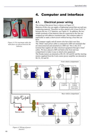 Agricultural robot
66
20A
15A
20A
60A
15A
S3S2
H2 H3
20A
15A
20A
15A
S1S0
H0 H1
Rear vehicle compartment
Front vehicle compartment
Computer
Compass
Error system
Power good
5 V
±12V
Computer
Cooler fan
24 V 0 V
24 V
0 V
DC/DC DC/DC
DIN rail
DIN railMain key switch
Curtis Curtis
Curtis Curtis
5A
4. Computer and interface
4.1. Electrical power wiring
The wiring of the power lines is shown on Figure 4.2.
Batteries of this size can supply a frightening current that can melt any
conducting material. Therefore we have placed a 60 A fuse (2x30 A)
between the two 12 V batteries, see Figure 4.1. In addition, the two
middle terminals of the batteries that are connected to the fuse are
wrapped up with adhesive insulation tape. This solution makes it
impossible to make a short-circuit without having a fuse that can
blow.
The computer supply and all motors also have their own fuse.
The 10mm2
main power cable is connected to DIN rail terminals that
are interconnected and mounted on a DIN rail. This is the 24 V
terminal that supplies all other electrical equipment through 2.5mm2
cables. We have placed a DIN rail both in the front and rear
compartment to make it easy to attach extra equipment.
The Honda motors are denoted as H0, H1, H2 and H3 and the steering
motors supplied from the Curtis motor power amplifier are denoted as
S0, S1, S2 and S3.
Figure 4.1 For maximum safety the
main fuses are placed between the
batteries.
Figure 4.2 Wiring of power
electrics.
 