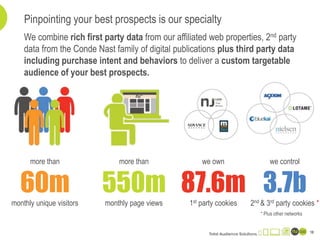 We combine rich first party data from our affiliated web properties, 2nd party
data from the Conde Nast family of digital publications plus third party data
including purchase intent and behaviors to deliver a custom targetable
audience of your best prospects.
Pinpointing your best prospects is our specialty
18
more than
60m
monthly unique visitors
more than
550m
monthly page views
we own
87.6m
1st party cookies
we control
3.7b
2nd & 3rd party cookies *
* Plus other networks
 