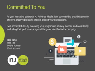 Committed To You
As your marketing partner at NJ Advance Media, I am committed to providing you with
effective, creative programs that will exceed your expectations.
I will accomplish this by executing your programs in a timely manner, and consistently
evaluating their performance against the goals identified in the campaign.
Rep name
Rep Title
Phone Number
Email address
 