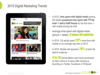 2015 Digital Marketing Trends
• In 2013, time spent with digital media among
US adults surpassed time spent with TV by
over 1 and a half hours for the first time —
with mobile driving the shift
• Average time spent with digital media
(phone + tablet): 5 hours 46 minutes
• In 2014, US adults spent 23% more time with
mobile on an average day than in 2013
• In 2015, Mobile will represent 70% of total US
search audience
• 4 in 10 Social Media users have purchased
an item online or in-store after sharing or
favoriting on Twitter, Facebook or Pinterest
Source: E-marketer, Vision Critical 2013
8
 