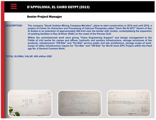 D’APPOLONIA, EL CAIRO EGYPT (2013)
Senior Project Manager
DESCRIPTION: The company "Saudi Arabian Mining Company-Ma'aden", plans to start construction in 2014 and until 2016, a
project of Center for Extraction and Processing of Calcium Phosphate called "Umm Wu'Al EPC" Desert of Sau
di Arabia in an extension of approximately 260 km2 near the border with Jordan, contemplating the expansion
of existing facilities in Ras Al-Khair (RAK) on the coast of the Persian Gulf.
Within the commissioned work were giving "Value Engineering Support" and design management to the
Fields of civil works for camps and offices, hydraulic and sanitary infrastructure, storage structures of the
products, infrastructure "Off-Site" and "On-Site" service public and site architecture, storage scope of work,
scope of utility infrastructure require for "On-Site" and "Off-Site" for Wu'Al Umm EPC Project within the Pack
age No. 6 General Contract Work.
TOTAL GLOBAL VALUE: 450 million USD
 