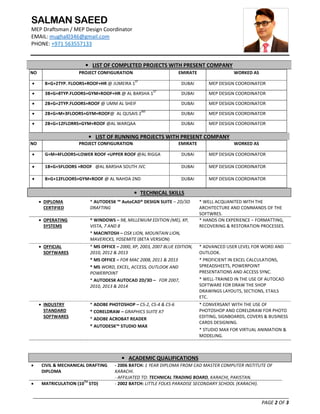 SALMAN SAEED
MEP Draftsman / MEP Design Coordinator
EMAIL: mughal0346@gmail.com
PHONE: +971 563557133
_______________________________________________________________________________________________
PAGE 2 OF 3
• ACADEMIC QUALIFICATIONS
• CIVIL & MECHANICAL DRAFTING
DIPLOMA
- 2006 BATCH: 1 YEAR DIPLOMA FROM CAD MASTER COMPUTER INSTITUTE OF
KARACHI.
- AFFILIATED TO: TECHNICAL TRADING BOARD, KARACHI, PAKISTAN.
• MATRICULATION (10TH
STD) - 2002 BATCH: LITTLE FOLKS PARADISE SECONDARY SCHOOL (KARACHI).
• LIST OF COMPLETED PROJECTS WITH PRESENT COMPANY
NO PROJECT CONFIGURATION EMIRATE WORKED AS
• B+G+2TYP. FLOORS+ROOF+HR @ JUMEIRA 1
ST
DUBAI MEP DESIGN COORDINATOR
• 3B+G+8TYP.FLOORS+GYM+ROOF+HR @ AL BARSHA 1ST
DUBAI MEP DESIGN COORDINATOR
• 2B+G+2TYP.FLOORS+ROOF @ UMM AL SHEIF DUBAI MEP DESIGN COORDINATOR
• 2B+G+M+3FLOORS+GYM+ROOF@ AL QUSAIS 2
ND
DUBAI MEP DESIGN COORDINATOR
• 2B+G+12FLORRS+GYM+ROOF @AL WARQAA DUBAI MEP DESIGN COORDINATOR
• LIST OF RUNNING PROJECTS WITH PRESENT COMPANY
NO PROJECT CONFIGURATION EMIRATE WORKED AS
• G+M+4FLOORS+LOWER ROOF +UPPER ROOF @AL RIGGA DUBAI MEP DESIGN COORDINATOR
• 1B+G+5FLOORS +ROOF @AL BARSHA SOUTH JVC DUBAI MEP DESIGN COORDINATOR
• B+G+12FLOORS+GYM+ROOF @ AL NAHDA 2ND DUBAI MEP DESIGN COORDINATOR
• TECHNICAL SKILLS
• DIPLOMA
CERTIFIED
* AUTODESK ™ AutoCAD® DESIGN SUITE – 2D/3D
DRAFTING
* WELL ACQUANITED WITH THE
ARCHITECTURE AND COMMANDS OF THE
SOFTWRES.
• OPERATING
SYSTEMS
* WINDOWS – 98, MILLENIUM EDITION (ME), XP,
VISTA, 7 AND 8
* MACINTOSH – OSX LION, MOUNTAIN LION,
MAVERICKS, YOSEMITE (BETA VERSION)
* HANDS ON EXPERIENCE – FORMATTING,
RECOVERING & RESTORATION PROCESSES.
• OFFICIAL
SOFTWARES
* MS OFFICE – 2000, XP, 2003, 2007 BLUE EDITION,
2010, 2012 & 2013
* MS OFFICE – FOR MAC 2008, 2011 & 2013
* MS WORD, EXCEL, ACCESS, OUTLOOK AND
POWERPOINT
* AUTODESK AUTOCAD 2D/3D – FOR 2007,
2010, 2013 & 2014
* ADVANCED USER LEVEL FOR WORD AND
OUTLOOK.
* PROFICIENT IN EXCEL CALCULATIONS,
SPREADSHEETS, POWERPOINT
PRESENTATIONS AND ACCESS SYNC.
* WELL-TRAINED IN THE USE OF AUTOCAD
SOFTWARE FOR DRAW THE SHOP
DRAWINGS LAYOUTS, SECTIONS, ETAILS
ETC.
• INDUSTRY
STANDARD
SOFTWARES
* ADOBE PHOTOSHOP – CS-2, CS-4 & CS-6
* CORELDRAW – GRAPHICS SUITE X7
* ADOBE ACROBAT READER
* AUTODESK™ STUDIO MAX
* CONVERSANT WITH THE USE OF
PHOTOSHOP AND CORELDRAW FOR PHOTO
EDITING, SIGNBOARDS, COVERS & BUSINESS
CARDS DESIGNING.
* STUDIO MAX FOR VIRTUAL ANIMATION &
MODELING.
 