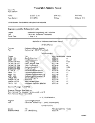 unofficial
Transcript of Academic Record
Issued To:
Ryan Sanford
Name: Student ID No: Birth Day: Print Date:
Ryan Sanford 001045745 14 May 29 March 2015
Page 1 of 3
Transcript valid only if bearing the Registrar's Signature.
__________________________________________________________________________________________________________________
Degrees Awarded by McMaster University
Degree: Bachelor of Engineering with Distinction
Plan: Electrical & Biomedical Engineering
Confer Date: 11 June 2014
__________________________________________________________________________________________________________________
Beginning of Undergraduate Career Record
--- 2010 Fall/Winter ---
Program: Engineering Degree Seeking
Plan: Engineering 1 CO-OP (Year One)
Course
CHEM 1E03
Title
Gen Ch:Engnring I
Term Enrolment
Attm./Earned Units
3.00/3.00
Grade
A
ECON 1B03 Intro:Microeconom. 3.00/3.00 A+
ENGINEER 1A00 Safety Training 0.00/0.00 COM
ENGINEER 1C03 Engin Design&Graph 3.00/3.00 B+
ENGINEER 1D04 Engin Computation 4.00/4.00 A-
ENGINEER 1EE0 Engineer Coop Prm 0.00/0.00 COM
ENGINEER 1P03 Intro-Prof Engin 3.00/3.00 A
HLTHAGE 1AA3 Introduction:Health Studies 3.00/0.00 CAN
MATH 1ZA3 Engineering Mathematics I 3.00/3.00 A+
MATH 1ZB3 Engineering Mathematics II-A 3.00/3.00 A+
MATH 1ZC3 Engineering Mathematics II-B 3.00/3.00 B+
MATLS 1M03 Structure&Property 3.00/3.00 A+
PHYSICS 1D03 Mechanics 3.00/3.00 A-
PHYSICS 1E03 Wave,Elec&Magnetic 3.00/3.00 A+
PSYCH 1X03 Intro:Psych, Neurosci & Behav 3.00/3.00 A-
Sessional Average: 10.80/37.00
Academic Standing: May Continue
Term Honours: The McMaster Honour Award, Level 3
Term Honours: Deans' Honour List
--- 2011 Fall/Winter ---
Program: Engineering Bachelors
Plan: Electrical & Biomed Eng CO-OP (Co-op Program)
Course
BIOLOGY 1A03
Title
Cell & Mol Biology
Term Enrolment
Attm./Earned Units
3.00/3.00
Grade
A
 