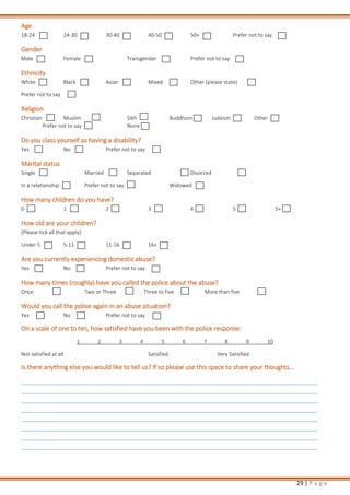 29 | P a g e
Age
18-24 24-30 30-40 40-50 50+ Prefer not to say
Gender
Male Female Transgender Prefer not to say
Ethnicity
White Black Asian Mixed Other (please state)
Prefer not to say
Religion
Christian Muslim Sikh Buddhism Judaism Other
Prefer not to say None
Do you class yourself as having a disability?
Yes No Prefer not to say
Marital status
Single Married Separated Divorced
In a relationship Prefer not to say Widowed
How many children do you have?
0 1 2 3 4 5 5+
How old are your children?
(Please tick all that apply)
Under 5 5-11 11-16 16+
Are you currently experiencing domestic abuse?
Yes No Prefer not to say
How many times (roughly) have you called the police about the abuse?
Once Two or Three Three to five More than five
Would you call the police again in an abuse situation?
Yes No Prefer not to say
On a scale of one to ten, how satisfied have you been with the police response:
1 2 3 4 5 6 7 8 9 10
Not satisfied at all Satisfied Very Satisfied
Is there anything else you would like to tell us? If so please use this space to share your thoughts...
 