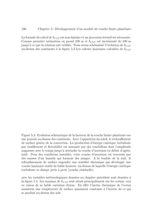 106 Chapitre 5: D´eveloppement d’un mod`ele de couche limite plan´etaire
La formule de calcul de hCLP est non-lin´eaire et un processus it´eratif est n´ecessaire.
Comme premi`ere estimation on prend 100 m et hCLP est incr´ement´e de 100 m
jusqu’`a ce que la relation soit v´eriﬁ´ee. Nous avons sch´ematis´e l’´evolution de hCLP
au-dessus des continents `a la ﬁgure 5.3 Les valeurs moyennes calcul´ees de hCLP
Figure 5.3: Evolution sch´ematique de la hauteur de la couche limite plan´etaire sur
une journ´ee au-dessus des continents. Avec l’apparition du soleil, le r´echauﬀement
de surface g´en`ere de la convection. La production d’´energie cin´etique turbulente
par cisaillement et ﬂottabilit´e est marqu´ee par des tourbillons dont l’amplitude
augmente avec le temps jusqu’`a atteindre la couche d’inversion en d´ebut d’apr`es-
midi. Pour des conditions instables, cette couche d’inversion est travers´ee par
des masses d’air humide qui forment des nuages. A la tomb´ee de la nuit, le
refroidissement de surface engendre une stabilit´e thermique qui d´eveloppe une
couche laminaire stable de faible hauteur, au-dessus de laquelle l’´energie cin´etique
turbulente se dissipe petit `a petit (couche r´esiduelle).
avec les variables m´et´eorologiques donn´ees au chapitre pr´ec´edent sont donn´ees `a
la ﬁgure 5.4. Les maxima de hCLP sont situ´es principalement sur les oc´eans, ceci
en raison de sa faible variation diurne. En eﬀet l’inertie thermique de l’oc´ean
maintient une temp´erature de surface quasiment constante `a l’inverse de ce qui
se produit au-dessus des sols.
 