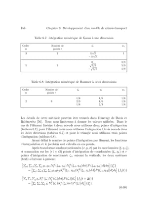 156 Chapitre 6: D´eveloppement d’un mod`ele de chimie-transport
Table 6.7: Int´egration num´erique de Gauss `a une dimension
Ordre Nombre de ξi wi
m points r
3 2 1/
√
3 1
−1/
√
3
0 8/9
5 3 3/5 5/9
− 3/5 5/9
Table 6.8: Int´egration num´erique de Hammer `a deux dimensions
Ordre Nombre de ξi ηi wi
m points r
1/6 1/6 1/6
2 3 2/3 1/6 1/6
1/6 2/3 1/6
Les d´etails de cette m´ethode peuvent ˆetre trouv´es dans l’ouvrage de Davis et
Rabinowitz [56]. Nous nous limiterons `a donner les valeurs utilis´ees. Dans le
cas de l’´el´ement lin´eaire `a deux noeuds nous utilisons deux points d’int´egration
(tableau 6.7), pour l’´el´ement carr´e nous utilisons l’int´egration `a trois noeuds dans
les deux directions (tableau 6.7) et pour le triangle nous utilisons trois points
d’int´egration (tableau 6.8).
Ayant d´eﬁni le nombre de points d’int´egration par ´el´ement, les fonctions
d’interpolation et le jacobien sont calcul´es en ces points.
Apr`es transformation des coordonn´ees (x, y, σ) par les coordonn´ees (ξ, η, ζ),
et sommation sur les (r1 × r2) points d’int´egration de coordonn´ees (ξr, ηr) et r
points d’int´egration de coordonn´ee ζr, suivant la verticale, les deux syst`emes
(6.56) s’´ecrivent `a pr´esent:
r1 r2 e j r1 r2NH
i (ξr1, ηr2)NH
j (ξr1, ηr2)det[Je
(ξr1, ηr2)]dξdη {fj}
= r1 r2 e j r1 r2NH
i (ξr1, ηr2)NH
j (ξn, ηn)det[Je
(ξr1, ηr2)]dξdη {fj(t)}
r e j rNV
i (ζr)NV
j (ζr)det[Je
(ζr)]dζ {fj(t + ∆t)}
= r e j rNV
i (ζr)NV
j (ζn)det[Je
(ζr)]dζ {fj}
(6.60)
 