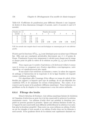 158 Chapitre 6: D´eveloppement d’un mod`ele de chimie-transport
Table 6.9: Coeﬃcients de pond´eration pour diﬀ´erents ´el´ements `a une (segment
de droite) et deux dimensions (triangle `a 3 noeuds, carr´e `a 4 noeuds et carr´e `a 9
noeuds).
Nombre de Num´ero des noeuds
noeuds 1 2 3 4 5 6 7 8 9
2 1/2 1/2
3 1/3 1/3 1/3
4 1/4 1/4 1/4 1/4
9 1/36 4/36 1/36 4/36 1/36 4/36 4/36 1/36 16/36
N.B. Les noeuds sont compt´es dans le sens anti-horlogique en commen¸cant par le coin inf´erieur
gauche.
D’autre part les fonctions NH
j (ξr1, ηr2) sont identiques pour un mˆeme type d’´el´ement
ﬁni. Elles sont par cons´equent pr´ecalcul´ees directement aux r1 × r2 points de
Gauss. Finalement il nous reste uniquement `a calculer pour chaque pas de temps
et chaque point de grille la valeur de la solution au point (ξn, ηn) par la formule
(6.63).
Nous voyons que le nombre d’op´erations a ´et´e fortement r´eduit et comme
nous le verrons en comparant avec d’autres algorithmes semi-lagrangiens, notre
algorithme est signiﬁcativement plus rapide.
Si une masse d’air ext´erieure au domaine y rentre, la valeur des rapports
de m´elange `a l’intersection de la trajectoire et de la ligne fronti`ere est impos´ee
comme conditions aux limites.
Cet algorithme oﬀre l’avantage d’ˆetre eﬃcace en temps de calcul, d’ˆetre
ﬂexible par rapport `a n’importe quel type de maillage, de ne pas d´ependre des
conditions CFL et de minimiser les erreurs d’interpolation. Par contre, il ne
conserve pas la masse ni les gradients (diﬀusion num´erique). Nous ´evaluerons ces
probl`emes en ﬁn de chapitre et les comparerons `a ceux des autres m´ethodes.
6.6.4 Filtrage des bruits
Selon le th´eor`eme de Godunov, tout sch´ema num´erique lin´eaire de r´esolution
de l’´equation d’advection ne peut ˆetre `a la fois conservatif et pr´eserver la solution
stationnaire exacte. Les sch´emas d’ordre ´elev´e qui satisfont la deuxi`eme pro-
pri´et´e ne peuvent garantir la premi`ere. Quant aux sch´emas lin´eaires d’ordre un,
`a l’oppos´e ils sont conservatifs mais diﬀusent artiﬁciellement la solution et ne satis-
font plus la deuxi`eme propri´et´e. Dans notre cas, nous utilisons un sch´ema d’ordre
un sur les triangles `a trois noeuds et un sch´ema d’ordre deux sur les ´el´ements `a
neuf noeuds. Si les gradients ´elev´es de la solution sont rapidement diminu´es sur
 