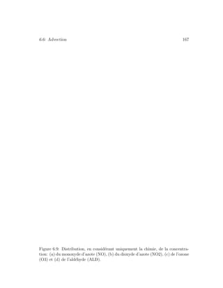 6.6: Advection 167
Figure 6.9: Distribution, en consid´erant uniquement la chimie, de la concentra-
tion: (a) du monoxyde d’azote (NO), (b) du dioxyde d’azote (NO2), (c) de l’ozone
(O3) et (d) de l’ald´ehyde (ALD).
 