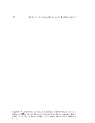 168 Chapitre 6: D´eveloppement d’un mod`ele de chimie-transport
Figure 6.10: Distribution, en consid´erant la chimie et l’advection r´esolue par la
m´ethode SLFEM-Q9 avec ﬁxeur, de la concentration: (a) du monoxyde d’azote
(NO), (b) du dioxyde d’azote (NO2), (c) de l’ozone (O3) et (d) de l’ald´ehyde
(ALD).
 