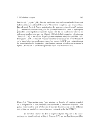 7.2 Emissions des gaz 183
Les ﬂux de C5H8 et C10H16 dans les conditions standards ont ´et´e calcul´es suivant
la formulation de M¨uller et Brasseur [179] qui tient compte du type d’´ecosyst`eme.
Les valeurs de Tm et de Precm sont d´eduites des moyennes observ´ees en 67 stations
[11]. A ces stations nous avons joint des points qui encadrent toute la r´egion pour
permettre les interpolations spatiales (ﬁgure 7.5). En ces points nous utilisons les
valeurs mensuelles moyennes sur 10 ans `a 1000 mb de la temp´erature calcul´ees par
Trenberth [226], et les valeurs de pr´ecipitation moyenne compil´ees par Shea [212].
Les ﬁgures 7.6 et 7.7 donnent respectivement la distribution des pr´ecipitations et
de la temp´erature mensuelles moyennes. Les valeurs de NPP sont contraintes par
les valeurs minimales de ces deux distributions, comme nous le constatons sur la
ﬁgure 7.8 donnant la production primaire nette pour le mois de mai.
Figure 7.5: Triangulation pour l’interpolation de donn´ees n´ecessaires au calcul
de la temp´erature et des pr´ecipitations mensuelles et annuelles moyennes. Les
points correspondent aux 67 stations de mesure dispers´ees sur les ˆıles d’Hawaii
et 8 points sur les cˆot´es correspondant aux points de grille du ECMWF.
La variation diurne des ﬂux d’isopr`ene (ﬁgure 7.9), li´ee `a la photo-
synth`ese, est simul´ee suivant M¨uller et Brasseur [179] par une fonction sinusoidale
 