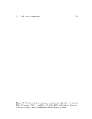 8.2: Etude de r´etro-trajectoires 209
Figure 8.1: Trac´e des six trajectoires pour chacune des 4 p´eriodes: (a) Octobre
1991, (b) Janvier 1992, (c) Mai 1992 et (d) Juillet 1992. L’altitude, en kilom`etres,
et la date de d´epart sont indiqu´ees pour chacune des trajectoires.
 