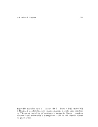 8.3: Etude de traceurs 223
Figure 8.9: Evolution, entre le 14 octobre 1991 `a 14 heures et le 17 octobre 1991
`a 2 heures, de la distribution de la concentration dans la couche limite plan´etaire
du 222
Rn en ne consid´erant qu’une source au crat`ere de Kilauea. Les valeurs
sont des valeurs instantan´ees et correspondent `a des instants successifs espac´es
de quatre heures.
 