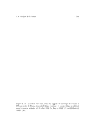 8.4: Analyse de la chimie 233
Figure 8.13: Evolution sur huit jours du rapport de m´elange de l’ozone `a
l’Observatoire de Mauna Loa calcul´e (ligne continue) et observ´e (ligne pointill´ee)
pour les quatre p´eriodes (a) Octobre 1991, (b) Janvier 1992, (c) Mai 1992 et (d)
Juillet 1992.
 