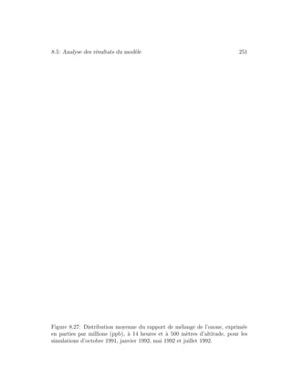 8.5: Analyse des r´esultats du mod`ele 251
Figure 8.27: Distribution moyenne du rapport de m´elange de l’ozone, exprim´ee
en parties par millions (ppb), `a 14 heures et `a 500 m`etres d’altitude, pour les
simulations d’octobre 1991, janvier 1992, mai 1992 et juillet 1992.
 