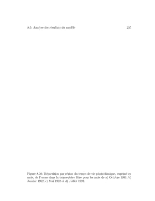 8.5: Analyse des r´esultats du mod`ele 255
Figure 8.30: R´epartition par r´egion du temps de vie photochimique, exprim´e en
mois, de l’ozone dans la troposph`ere libre pour les mois de a) Octobre 1991, b)
Janvier 1992, c) Mai 1992 et d) Juillet 1992.
 