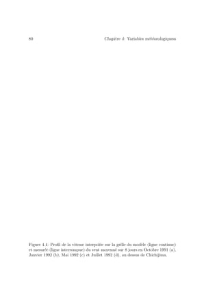 80 Chapitre 4: Variables m´et´eorologiquess
Figure 4.4: Proﬁl de la vitesse interpol´ee sur la grille du mod`ele (ligne continue)
et mesur´ee (ligne interrompue) du vent moyenn´e sur 8 jours en Octobre 1991 (a),
Janvier 1992 (b), Mai 1992 (c) et Juillet 1992 (d), au dessus de Chichijima.
 