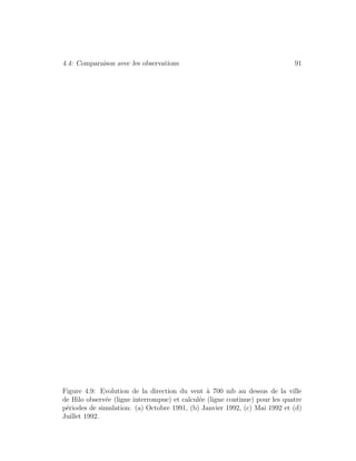 4.4: Comparaison avec les observations 91
Figure 4.9: Evolution de la direction du vent `a 700 mb au dessus de la ville
de Hilo observ´ee (ligne interrompue) et calcul´ee (ligne continue) pour les quatre
p´eriodes de simulation: (a) Octobre 1991, (b) Janvier 1992, (c) Mai 1992 et (d)
Juillet 1992.
 