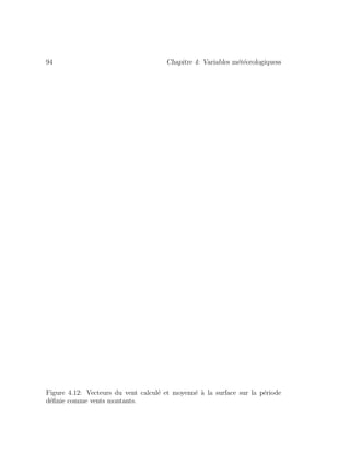 94 Chapitre 4: Variables m´et´eorologiquess
Figure 4.12: Vecteurs du vent calcul´e et moyenn´e `a la surface sur la p´eriode
d´eﬁnie comme vents montants.
 