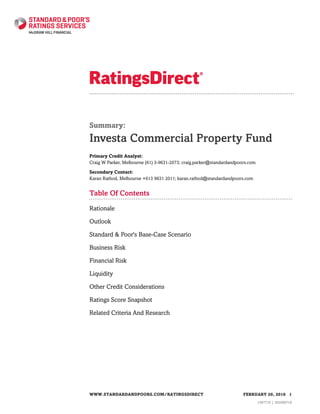 Summary:
Investa Commercial Property Fund
Primary Credit Analyst:
Craig W Parker, Melbourne (61) 3-9631-2073; craig.parker@standardandpoors.com
Secondary Contact:
Karan Rathod, Melbourne +613 9631 2011; karan.rathod@standardandpoors.com
Table Of Contents
Rationale
Outlook
Standard & Poor's Base-Case Scenario
Business Risk
Financial Risk
Liquidity
Other Credit Considerations
Ratings Score Snapshot
Related Criteria And Research
WWW.STANDARDANDPOORS.COM/RATINGSDIRECT FEBRUARY 29, 2016 1
1587710 | 302006718
 
