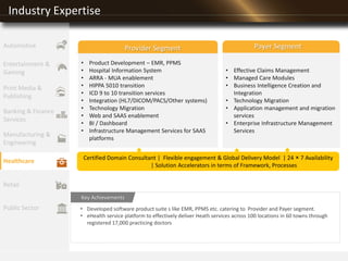 Industry Expertise
• Product Development – EMR, PPMS
• Hospital Information System
• ARRA - MUA enablement
• HIPPA 5010 transition
• ICD 9 to 10 transition services
• Integration (HL7/DICOM/PACS/Other systems)
• Technology Migration
• Web and SAAS enablement
• BI / Dashboard
• Infrastructure Management Services for SAAS
platforms
Provider Segment Payer Segment
• Effective Claims Management
• Managed Care Modules
• Business Intelligence Creation and
Integration
• Technology Migration
• Application management and migration
services
• Enterprise Infrastructure Management
Services
Certified Domain Consultant | Flexible engagement & Global Delivery Model | 24 × 7 Availability
| Solution Accelerators in terms of Framework, Processes
• Developed software product suite s like EMR, PPMS etc. catering to Provider and Payer segment.
• eHealth service platform to effectively deliver Heath services across 100 locations in 60 towns through
registered 17,000 practicing doctors
Key Achievements
Entertainment &
Gaming
Print Media &
Publishing
Banking & Finance
Services
Manufacturing &
Engineering
Healthcare
Retail
Public Sector
Automotive
 