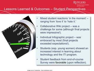 Lessons Learned & Outcomes – Student Perspectives . . .
15
•  Mixed student reactions ‘in the moment’ –
ranging from ‘love it’ to ‘hate it.’
•  Collaborative Wiki project – was a
challenge for some (although final projects
were impressive!).
•  Individual Infographic project – was
embraced by most (final projects
exceeded expectations!).
•  Students (esp. young women) showed an
increased interest in learning about
technology and the ITI program.
•  Student feedback from end-of-course
Survey were favorable (upon reflection).
(image source: Shutterstock, http://shutterstock.com/)
 