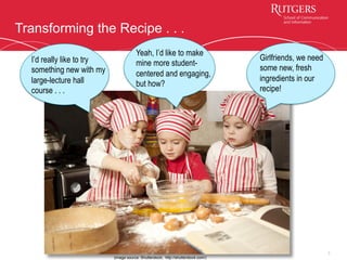 Transforming the Recipe . . .
3
I’d really like to try
something new with my
large-lecture hall
course . . .
Yeah, I’d like to make
mine more student-
centered and engaging,
but how?
Girlfriends, we need
some new, fresh
ingredients in our
recipe!
(image source: Shutterstock, http://shutterstock.com/)
 