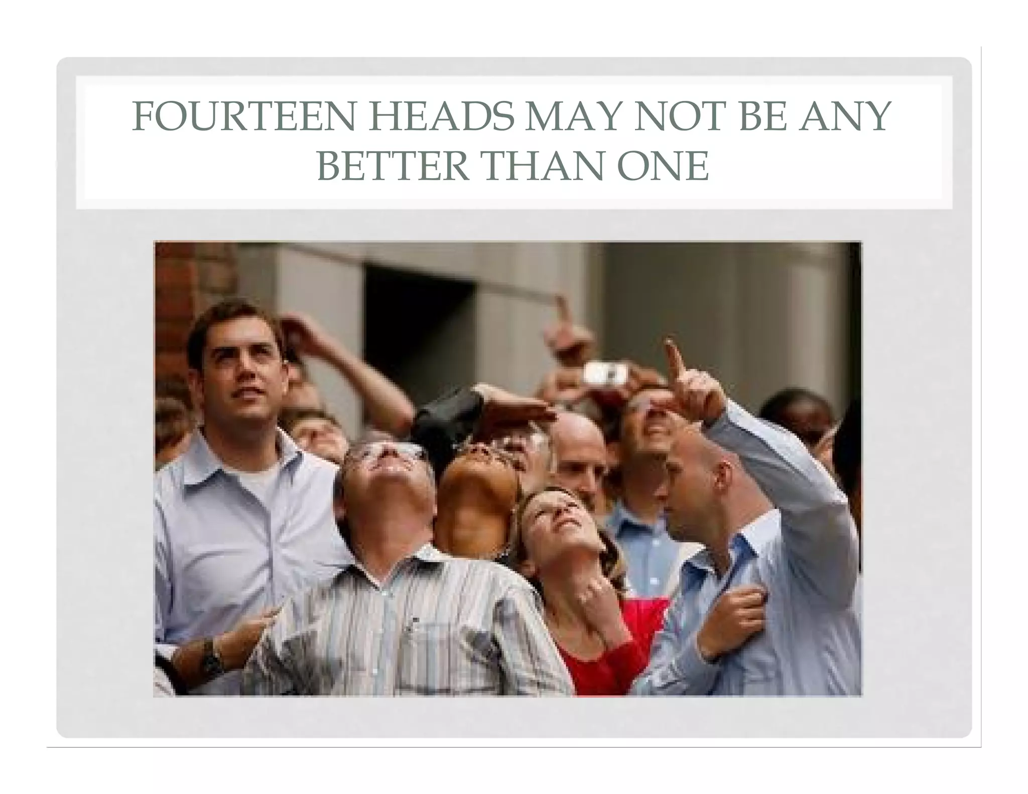 FOURTEEN HEADS MAY NOT BE ANY
BETTER THAN ONE
 