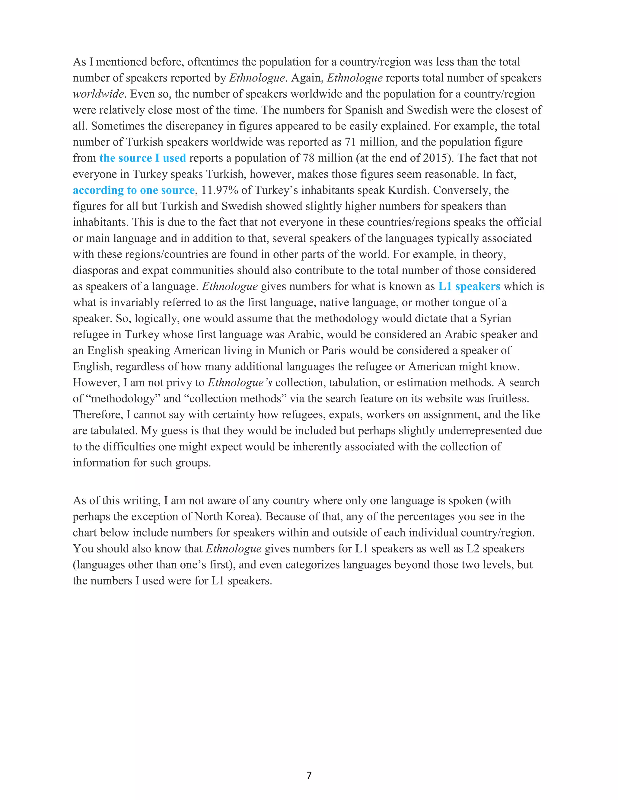 7
As I mentioned before, oftentimes the population for a country/region was less than the total
number of speakers reported by Ethnologue. Again, Ethnologue reports total number of speakers
worldwide. Even so, the number of speakers worldwide and the population for a country/region
were relatively close most of the time. The numbers for Spanish and Swedish were the closest of
all. Sometimes the discrepancy in figures appeared to be easily explained. For example, the total
number of Turkish speakers worldwide was reported as 71 million, and the population figure
from the source I used reports a population of 78 million (at the end of 2015). The fact that not
everyone in Turkey speaks Turkish, however, makes those figures seem reasonable. In fact,
according to one source, 11.97% of Turkey’s inhabitants speak Kurdish. Conversely, the
figures for all but Turkish and Swedish showed slightly higher numbers for speakers than
inhabitants. This is due to the fact that not everyone in these countries/regions speaks the official
or main language and in addition to that, several speakers of the languages typically associated
with these regions/countries are found in other parts of the world. For example, in theory,
diasporas and expat communities should also contribute to the total number of those considered
as speakers of a language. Ethnologue gives numbers for what is known as L1 speakers which is
what is invariably referred to as the first language, native language, or mother tongue of a
speaker. So, logically, one would assume that the methodology would dictate that a Syrian
refugee in Turkey whose first language was Arabic, would be considered an Arabic speaker and
an English speaking American living in Munich or Paris would be considered a speaker of
English, regardless of how many additional languages the refugee or American might know.
However, I am not privy to Ethnologue’s collection, tabulation, or estimation methods. A search
of “methodology” and “collection methods” via the search feature on its website was fruitless.
Therefore, I cannot say with certainty how refugees, expats, workers on assignment, and the like
are tabulated. My guess is that they would be included but perhaps slightly underrepresented due
to the difficulties one might expect would be inherently associated with the collection of
information for such groups.
As of this writing, I am not aware of any country where only one language is spoken (with
perhaps the exception of North Korea). Because of that, any of the percentages you see in the
chart below include numbers for speakers within and outside of each individual country/region.
You should also know that Ethnologue gives numbers for L1 speakers as well as L2 speakers
(languages other than one’s first), and even categorizes languages beyond those two levels, but
the numbers I used were for L1 speakers.
 