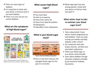  There are many types of
diabetes.
 It is important to check with
your doctor to find out early if
you have diabetes.
 There is no cure, but you can
control diabetes!
What are the symptoms
of high blood sugar?
Source: http://www.healthisfuture.com/diets-and-
weight-loss/reverse-your-diabetes-symptoms-today/
What causes high blood
sugar?
 Too much food
 Little to no exercise
 Stress from cold or flu
 Stress from daily life problem
 Dehydration
 Side effects from medications
What is your blood sugar
level?
Fasting and
before meals
2 hours after
a meal
Goal blood
sugar
80-130
mg/dl
< 180
mg/dl
Goal A1C < 7%
Source: American Diabetes Association
 A1c is a test that measures the
averaged blood sugar for the
past 2 to 3 months.
 Blood sugar goal may vary
among patients. Check with
your doctor to find out what
your goal is!
What action steps to take
to maintain your blood
sugar level?
1. Take a deep breath if your
doctor recently diagnosed you
with diabetes. There are ways
to keep you healthy and keep
diabetes under control!
2. Eat a balanced meal with
proper exercise, and take your
prescribed medications.
3. Check your blood sugar as
your doctor recommended.
4. Learn about diabetes through
education programs provided
by the American Diabetes
Association.
 