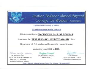 Justice Ba&heer Ahmed Sayeed
College for Women Autonomous
(Affiliated with University of Madras)
To Whomsoever it may concern
This is to certify that Ms.CHANDRA PAULINE DINAKAR
is awarded the 'BEST RESEARCH STUDENT AWARD' of the
Department of P.G.studies and Research In Human Science,
during the years 2004 to 2008.
Dr. Nausheen Dawood
PRINCIPAL
Dr. Shareefa Talha
HEAD OF THE DEPARTMENT
Dept. of P.G.Studies&
Research In Human Science.
Justice Basheer Ahmed Sayeed College For Women, Chennai-600018
Dr. Roshanara
SUPERVISOR & GUIDE
Controller of Examinations
 