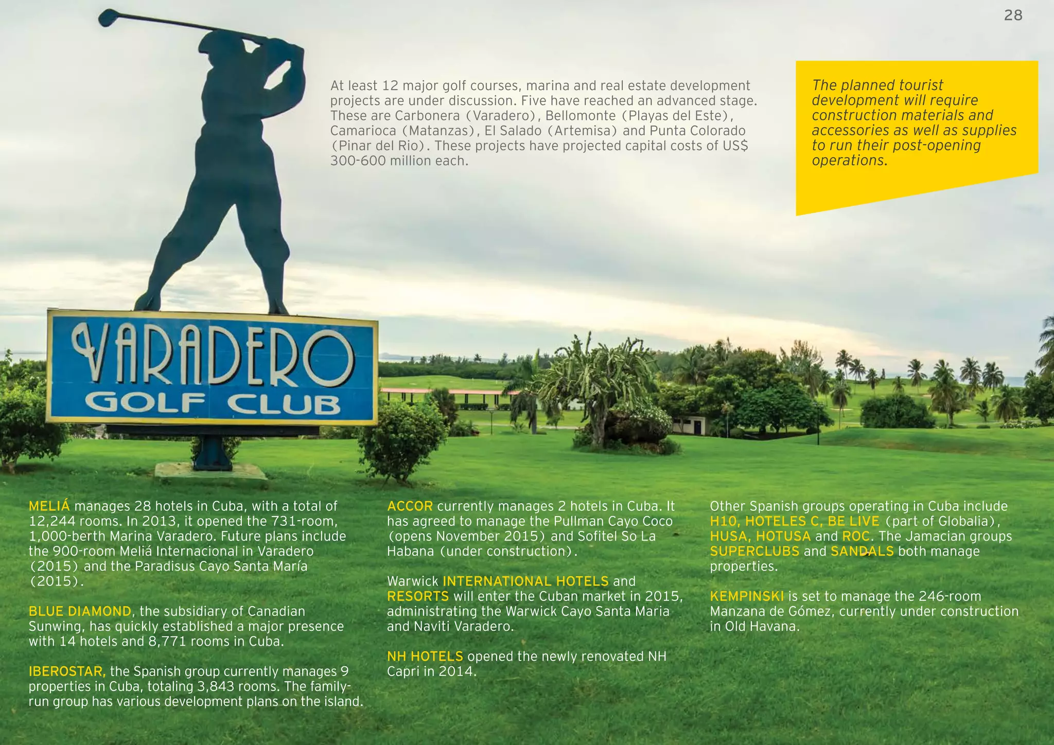 28 ZED Mariel: open to the world
The planned tourist
development will require
construction materials and
accessories as well as supplies
to run their post-opening
operations.
MeliÁ manages 28 hotels in Cuba, with a total of
12,244 rooms. In 2013, it opened the 731-room,
1,000-berth Marina Varadero. Future plans include
the 900-room Meliá Internacional in Varadero
(2015) and the Paradisus Cayo Santa María
(2015).
Blue Diamond, the subsidiary of Canadian
Sunwing, has quickly established a major presence
with 14 hotels and 8,771 rooms in Cuba.
Iberostar, the Spanish group currently manages 9
properties in Cuba, totaling 3,843 rooms. The family-
run group has various development plans on the island.
Accor currently manages 2 hotels in Cuba. It
has agreed to manage the Pullman Cayo Coco
(opens November 2015) and Sofitel So La
Habana (under construction).
Warwick International Hotels and
Resorts will enter the Cuban market in 2015,
administrating the Warwick Cayo Santa Maria
and Naviti Varadero.
NH hotels opened the newly renovated NH
Capri in 2014.
Other Spanish groups operating in Cuba include
H10, Hoteles C, Be Live (part of Globalia),
Husa, Hotusa and ROC. The Jamacian groups
Superclubs and Sandals both manage
properties.
Kempinski is set to manage the 246-room
Manzana de Gómez, currently under construction
in Old Havana.
At least 12 major golf courses, marina and real estate development
projects are under discussion. Five have reached an advanced stage.
These are Carbonera (Varadero), Bellomonte (Playas del Este),
Camarioca (Matanzas), El Salado (Artemisa) and Punta Colorado
(Pinar del Rio). These projects have projected capital costs of US$
300-600 million each.
28
 