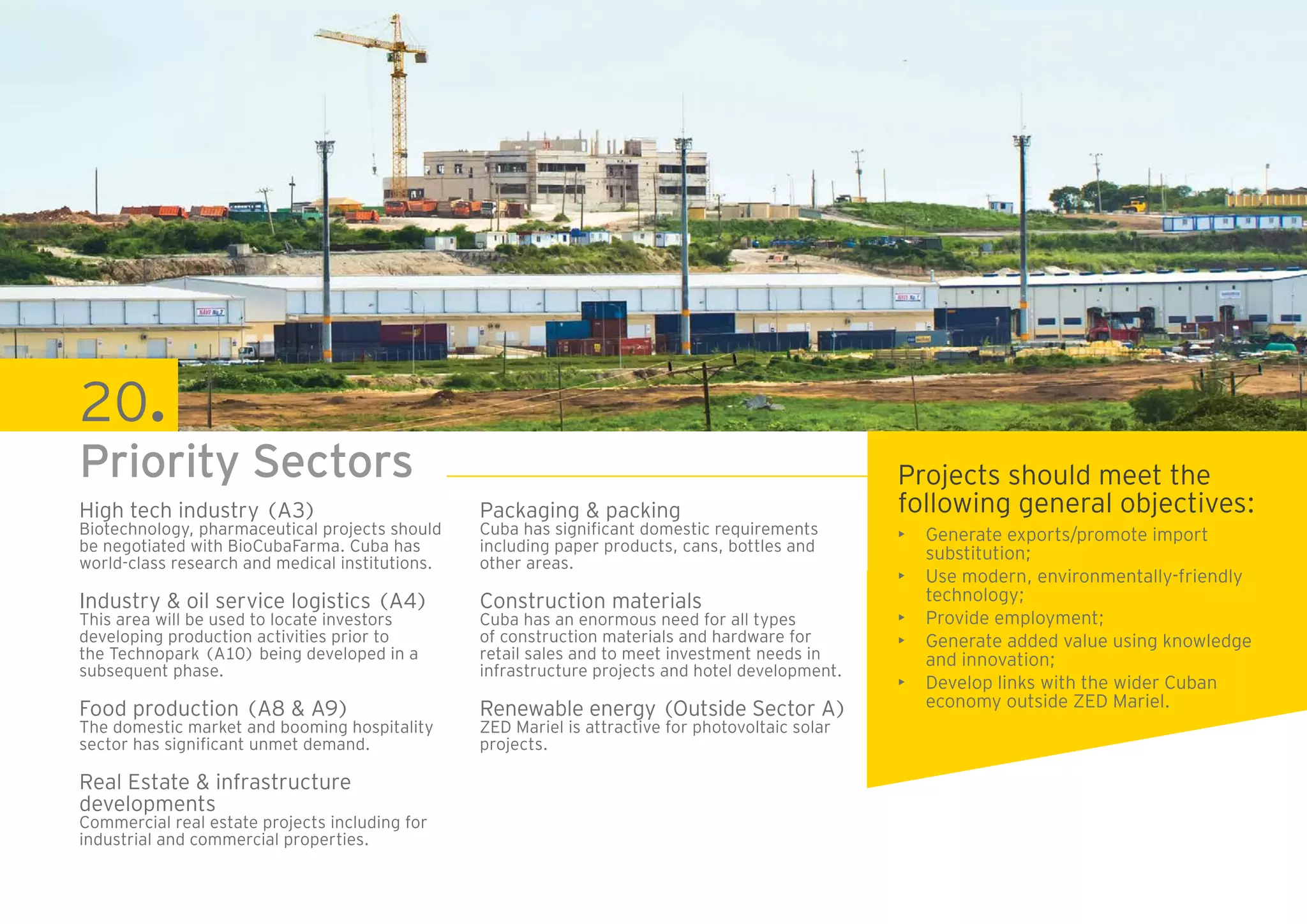46 ZED Mariel: open to the world
High tech industry (A3)
Biotechnology, pharmaceutical projects should
be negotiated with BioCubaFarma. Cuba has
world-class research and medical institutions.
Industry & oil service logistics (A4)
This area will be used to locate investors
developing production activities prior to
the Technopark (A10) being developed in a
subsequent phase.
Food production (A8 & A9)
The domestic market and booming hospitality
sector has significant unmet demand.
Real Estate & infrastructure
developments
Commercial real estate projects including for
industrial and commercial properties.
20.
Priority Sectors Projects should meet the
following general objectives:
•	 Generate exports/promote import
substitution;
•	 Use modern, environmentally-friendly
technology;
•	 Provide employment;
•	 Generate added value using knowledge
and innovation;
•	 Develop links with the wider Cuban
economy outside ZED Mariel.
Packaging & packing
Cuba has significant domestic requirements
including paper products, cans, bottles and
other areas.
Construction materials
Cuba has an enormous need for all types
of construction materials and hardware for
retail sales and to meet investment needs in
infrastructure projects and hotel development.
Renewable energy (Outside Sector A)
ZED Mariel is attractive for photovoltaic solar
projects.
 