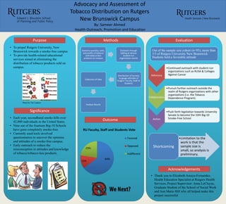 Advocacy and Assessment of
Tobacco Distribution on Rutgers
New Brunswick Campus
By: Sameer Ahmed
Health Outreach, Promotion and Education
• Thank you to Elizabeth Amaya-Fernandez,
Health Education Specialist at Rutgers Health
Services; Project Supervisor: Anne LeCluyse,
Graduate Student of the School of Social Work
and Ann Marie Hill who all helped make this
project successful.
• Each year, secondhand smoke kills over
42,000 individuals in the United States.
• Nine out of the fourteen Big-10 Schools
have gone completely smoke-free.
• Currently used tools involved
questionnaires to uncover the opinions
and attitudes of a smoke-free campus.
• Early outreach to reduce the
misconception in attitudes and knowledge
of tobacco/tobacco-less products.
• To propel Rutgers University, New
Brunswick towards a smoke-free campus.
• To provide health-related educational
services aimed at eliminating the
distribution of tobacco products sold on
campus.
Purpose
Outcome
Evaluation
Significance
Methods
Acknowledgements
64%
13%
23%
RU Faculty, Staff and Students Vote
Favored
Opposed
Indifferent
Examine quantity, costs,
and profits of tobacco
and tobacco-less
products on campus
Outreach through
tabling at various
student-run
organization events
Distribution of Surveys
to gauge attitudes of
Rutgers’ Faculty, Staff, &
Students
Collection of Data
Analyze Results
Photo by The Lantern
Advocacy
•Continued outreach with student-run
organizations such as RUSA & Colleges
Against Cancer
Collaboration
•Pursuit further outreach outside the
realm of Rutgers organizations with other
organizations (i.e. the Tobacco
Dependence Program).
Action
•Push forth legislation towards University
Senate to become the 10th Big-10
Smoke-Free School
Out of the sample size cohort (n=93), more than
3/5 of Rutgers University New Brunswick
Students held a favorable attitude
•Limitation to the
work is that the
sample size is
small, so analysis is
preliminary.
Shortcoming
 