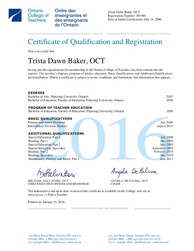 ontario college of teachers qualifications special qualifications