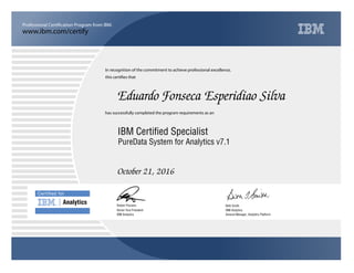 www.ibm.com/certify
Professional Certification Program from IBM.
Certiﬁed for
Analytics
In recognition of the commitment to achieve professional excellence,
this certifies that
has successfully completed the program requirements as an
Eduardo Fonseca Esperidiao Silva
u
IBM Analytics
IBM Certified Specialist
Beth Smith
October 21, 2016
IBM Analytics
5
General Manager, Analytics Platform
Robert Picciano
PureData System for Analytics v7.1
Senior Vice President
 