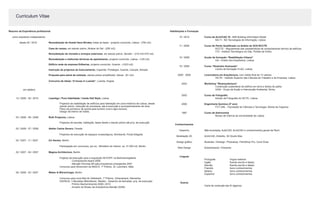 Resumo da Experiência profissional
	 como arquitecto independente:			
			desde 02 / 2010				 Remodelação de Hostal Hans Brinker, todas as fases - projecto concluído, Lisboa - (700 m2)
											
											Casa de campo, em estudo prévio, Alcácer do Sal - (250 m2)
											
											Remodelação de moradia e arranjos exteriores, em estudo prévio, Sendim - (310 m2+475 m2)
												
						 Remodelação e melhorias térmicas de apartamento, projecto concluído, Lisboa - (125 m2)
						
						Edifício sede da empresa Edibeiras, projecto concluído, Guarda - (1223 m2)
						
						Instrução de projectos de licenciamento, Caparide, Portalegre, Guarda, Cascais, Almada	
												
						Proposta para stand de exibição, estudo prévio simplificado, Seixal - (81 m2)
						
						Concurso de ideias “A house in Luanda“, Luanda, Angola
				em ateliers:			
		 12 / 2008 - 02 / 2010			 Lisantigo / Pura Habilidade / Inside Hall Style, Lisboa
									 Projectos de reabilitação de edifícios para habitação em zona histórica de Lisboa, desde	
						 estudo prévio, instrução de processos, até à execução e acompanhamento de obra.
									 Plano de pormenor de quinta para turismo rural e agro-turismo.
									Design de interior de hoteis.
		 03 / 2008 - 09 / 2008			 Roth Projectos, Lisboa
									 Projectos de escolas, habitação, fases desde o estudo prévio até proj. de execução
		 05 / 2008 - 07 / 2008			 Atelier Carlos Severo, Parede
									 Projectos de execução de espaços museulógicos, Bombarral, Ponta Delgada
		 04 / 2007 - 11 / 2007			 Zvi Hecker, Berlim
	
														Participação em concursos, por ex.: Ministério do Interior, ca. 31.000 m2, Berlim
		 02 / 2007 - 04 / 2007			 Magma Architecture, Berlim
														Projecto de execução para a exposição IM KOPF na Berlinischegalerie
																	- Contractworld Award 2008
																	- Menção Honrosa AR para Arquitectos emergentes 2007
														Concurso para Showroom da MAICO, 1º Prémio, St. Leonhard, Itália
		 06 / 2006 - 02 / 2007			 Weber & Würschinger, Berlim
									 Concurso para nova filial do Volksbank, 1º Prémio, Vohenstrauß, Alemanha
									 SIXPACK, 3 Moradias Bifamiliares, Weiden - Desenho de fachadas, proj. de execução
												- Prémio Bauherrenpreis 2009 | 2010
												- Anuário do Museu de Arquitectura Alemão (DAM)
Ausbildung
											Curso de ArchiCAD 16 - BMI Building Information Model
														ND-TI - ND Tecnologias de Informação, Lisboa
11/2008									Curso de Perito Qualificado no âmbito do SCE-RCCTE
									RCCTE - Regulamento das características de comportamento térmico de edifícios	 	
									ITG - Instituto Tecnológico do Gás, Portela de Sintra
10/2008									Acção de formação “Reabilitação Urbana”
														OA - Ordem dos Arquitectos, Lisboa
10/2008									Curso “Illustrator Avançado”
									Centro de formação FLAG, Lisboa
2000 - 2005								Licenciatura em Arquitectura, com média final de 13 valores
									 ISCTE - Instituto Superior das Ciências do Trabalho e da Empresa, Lisboa
2003										Workshop “Bioarquitectura“
									 Construção sustentável de edifício em terra e fardos de palha
									GAIA - Grupo de Acção e Intervenção Ambiental, Sintra
2002										Curso de Fotografia
														 Núcleo de Fotografia do ISCTE, Lisboa
2000										Engenharia Química (3º ano)
									 FCT-UNL - Faculdade de Ciências e Tecnologia, Monte da Caparica
1997										Curso de Astronomia
									Museu de Ciência da Universidade de Lisboa
Fähigkeiten
Zeichnen								 	Mão levantada, AutoCAD, ArchiCAD e conhecimentos gerais de Revit
3D Modelling								ArchiCAD, Artlantis, 3D Studio Max
Graphic Design							 Illustrator, InDesign, Photoshop, PaintShop Pro, Corel Draw
Web Design								 Dreamweaver, Fireworks
Sprachen								Português 				língua materna
											 Inglês						 fluente escrito e falado	
											 Alemão 		 			 fluente escrito e falado	
											Francês					bons conhecimentos
											Italiano					bons conhecimentos
											Espanhol					bons conhecimentos
Sonstige									Carta de condução tipo B (ligeiros)
Habilitações e Formação
10 / 2012
11 / 2008
10 / 2008
10 / 2008
2000 - 2005
2003
2002
2000
1997
Conhecimentos
Desenho
Modelação 3D
Design gráfico
Web Design
			
Línguas
Outros
		Curriculum Vitae
 