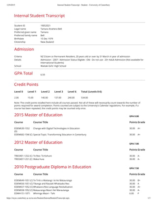 Internal Student Transcript - 2015 - University of Canterbury | PDF