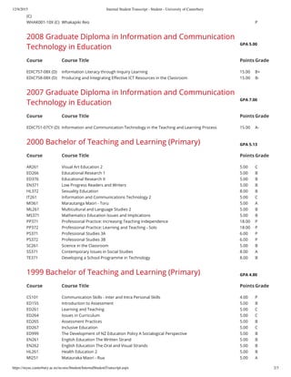 Internal Student Transcript - 2015 - University of Canterbury | PDF