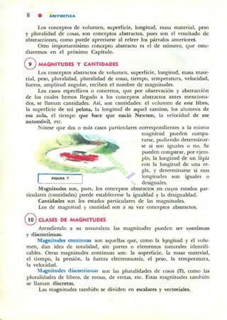 B • ARITMlTleA
Los conceptos de volumen, superficic, longitud, masa matcrial, pcso
y pluralidad de cosas, son eonCept05 abstractos, pues son el resultado de
abstracciones, como puede apreciarse al releer los párrafos ameriore!.
Otro importantísimo eonccpto abstracto es el de número, que estu·
diaremos en el próximo Capitulo.
oMAGNITUDES y CANTIDADES
Los conceptos abstractos de volumen, superficie, longitud, masa mate-
rial. pt'5O, pluralidad, pluralidad de cosas, tiempo, tempn-atura. velocidad,
fuena, amplitud angular, reciben el nombre de magnitudes.
Los casos especUicos o concretos. que por observación y abstracción
de los cuales hemos llegado a los conceptos abstractos antes menciona·
dos, se llaman cantidades. Ad, son cantidades: el volumen de este libro,
la superficie de mi pelota, la longitud de aquel camino, los alumnos de
esa aula, el tiempo que hace que nació Newton, la velocidad de ese
automóvil, etc.
Nótese que dos ° máJI ca.sos
"GUlA ,
partiCtllares correspondientes a la misma
magnitud pueden eompa·
rarse, pudiendo deu~rminilr·
se si son iguales o no. Se
pueden comparar, por ejem·
plo. la longitud de un lápiz
con la longitud de una re-
gia, y determinarse si esas
longitudes son iguales °
desiguales.
Magnitudes son, pues, los concepto! abstractos en cuyos estados par-
ticularcs (cantidades) puede establecerse la igualdad y la desigualdad.
Cantidades son los estados partiCJJlares de las magnitudes.
Los de magnitud y cantidad son a su va conceptos abstractos.
GCLASES DE MAGNITUDES
Atendiendo a su naturaleza las magnitudes pueden ser continuas
y disoontinuas.
Magnitudes cominuas son aquellas que, romo la Iqngitud y el volu·
meno dan idea de totalidad, sin partes ° elementos naturales idenlifi·
cablo;. Otras magnitudes cominuas son: la superficic, la maJa material,
el tiempo, la presión. la fuerLa eknromotriz, el pt'5O. la temperatura,
la velocidad.
Magnitudes discominuas son la! pluralidades de cosas (7), como las
pluralidades de libros, de mesas, de rcaas, etc. Estas magnitudes tamhién
se llaman discretas-
Las magnitudes también se dividen en escalares y vectoriales..
 