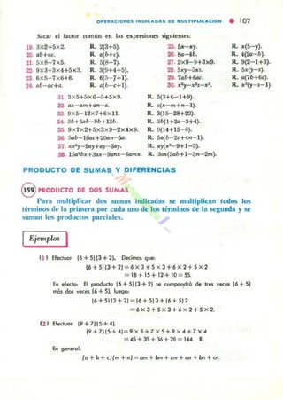 OPE"..CIONIS INOIC.. OA5 DE MULTIPUCACION • 101
SaClr el b.OQr común en las expresiollCi siguientes:
19. 3x2+5x2. R. 2(3+5).
20. I1b+lIc. R. l1(b+e).
21. 5x8- 7x5. R. 5(8-7).
R . 3(9+4+5).
R . 6(5- 7+1).
R. a(b- c+l).
22. 9x3+3x4+5x3.
23. 6x 5- 7x 6+6.
24. I1b- ae+lI.
31. 3x5+5x6-5+5x9.
32. ox- am+an- a.
33. 9x5-12x7+6xIl.
34. 3b+6ab- 9b+12b.
35. 9x7x2+5X3x9-2x4x9.
36. Sab-10ac+2Oan- Sn.
31. (lx2y-9a)'+oy- 3ay.
38- 15a2bx+3tlx- 9anx- 5tlmx.
26. 5x-x)'.
28. &-4b.
27. 2x9-9+3x9.
28. 5x)'-5xL
29. 7I1b+6ae.
So. x2y_xJ J_x2•
R. 5(:J+6-l+9).
R. (I(x- m+n- l).
R. 3(15-28+22).
R. 3b(l+2a-3+4).
R. !)(lHI5-8).
R. 5a(b- 2c+4rl- l ).
R. (ly{x2-9+1-3).
R. 3ax(5ab+1-3n-2m).
PRODUCTO DE SUMAS Y DIFERENCIAS
BPRODUCTO DE DOS SUMAS
R. x(5-)').
R. 4(2a-b).
R. 9(2-1+3).
R. 5x()'-J).
R. 11{7b+6c).
R. x2(y- J-I)
Para multiplicar dos sumas indicadas se multiplican todos los
términOS dl" la primera por cada uno de los términos de la segunda)' se
suman los productos parciales.
Ejemplm I
11) Efecluar 16+5)[3+2}. Oedmosque:
[6+ 51[3+21=-6 x 3+5 x 3+6x 2+ 5x 2
=18+ 15+ 12+ 10 = 55.
En declo: El produclo 16+5)[3+2) a compoodró de Ires veces 16+51
lIIÓS dos ..eces 16 +51. luego, .
16 + 5113+ 2) = 16+ 513 +16 +5) 2
= 6x3+5x3+6x2+5x2.
(2 1 EfechJof [9+71[5+-4).
En generoh
19+7)15+ 4)=9x 5+7 x 5+9 x 4+7 x 4
=-45+35+36+28 = 144. R.
(0+ b +el/m + nJ = om + bn + cm +on +bn +en.
 