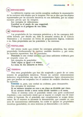 ""'fUMI....."'U¡ • 11
G DEFIHICIOHES
La definición expresa una noción compleja mediante la V1umeración
de las nociones más simples que la integran. Por eso S<' dice que los objetos
representados por las nociones intuitivas no son definibles, por no existir
nociont'S previas que las integren.
Son ejemplos de dcfiniciont'S:
Cantidad es el estado de una magnitud.
Triángulo es el pollgono de tres lados.
@ PROPIEDADES
Las propiedades de los conceptos primitiv05 y de los o:mcept05 defi.
nibles forman. por decirlo así, toda la armazón tw rica de la Ciencia
Matemática )' se enuncian en forma de proposiciones lógicas, ev iden l~
o no. Estas propiedades son los postulados y los teoremas.
G POSTULADOS
Del mismo modo que existen los conceptos pnmlllv05, hay ciertas
propiedades fundamentales de carácter tambibJ intuitivo y. EX'r tanto,
de captación espont:.inea. Son los postulados.
Postulado es una verdad intuitiva que tiene suficiente evidencia para
S('r aceptada como tal.
Son ejemplos de postulados:
Todo objeto es igual a sí mismo,
La suma de dos números es única.
@ TEOREMA
Hay Olras propiedades que han ido surgiendo a partir de un corto
número de propiedades intuitivas. Tienen un carácter eminentemrote
dcducth'o; requiriéndose este tipo de razonamiento lógico (demostración)
para que puedan S<'r aceptados con el carácter de vttdades absolutas. Son
los t«lremas.
Teorema cs, pues, una verdad no evidente, pcro demostrable.
Son ejemplos de troremas:
Si un número (ennina en cero o en cinco es divisible por cinco.
Si un numero divide a otros varios divide también a su suma.
Tamo el teorema como el postulado tienen una parte condicional
(hipótesis) )' una conclusión (tesis) que se sUEX'ne se cumple caso de lener
validez la hipótesis. En el postulado elite cumplimiento se acepta ui.cita·
mrote. En el teorema es necesaria la demostración, qu~ consiste en una
serie de razonamic:mos eslabonados, los cuales se apoyan c:n propiedades
intuitivas (postulados), en otros teorc:mas ya demostrados o en ambos.
 
