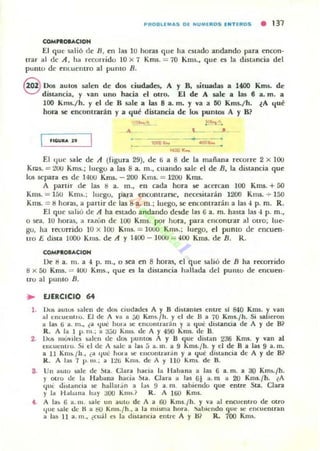 PROBlEMAS D( NUMEROS ( N TEROS • 131
COMnou.CION
El que salió de n, en hu 10 horas que ha cstado andando para encon o
trar 011 de A , ha recorrido 10 x 7 Kms.::: 70 Kms., que es la distancia del
pum o de Cllluemro al pumo B.
9 Dos autos salen de dos ciudades. A y B, situadas a 1400 Km:;. de
distancia, y van uno hacia el otro. El de A sale a las 6 a. m. a
100 Kms./ h. y el de B sale a las 8 a. m. y va a líO Kms./ h. ~A qué
hora se em:omrarán y a qué distancia de los puntos A y B?
flGU .... J9
El que sale de A (figura 29), de ti a 8 de la mañana recorre 2 x 100
Kros. ::: :loo Kms.; luego a las 8 a. m ., cuando sale el de B, la distancia que
los separa es d e 1400 Kms. - 200 Kms. ::: 1200 Krru.
A partir de las ti a. m., eu cada hora se acercan 100 Kms. + 50
Kms. ::: 150 Km:>.; luego, para encontr.H'SC, necl':5itarán 1200 Km,. + 150
Kms. ::: ti horas, " partir de las ti a. m.; luego, se encontrarán a las -1 p. m. R.
El q ue salió de A ha esL"ldo andando desde las 6 a. m. hana las " p. m.,
o sea, 10 horas, 01 Tallon de 100 K1II5. por hora, para ellconvar 011 OtrO; lue·
gu, ha recorrido 10 x 100 Kms. = 1000 Kms.; luego, el punto de encuen·
u o E. dista 1000 Kms. de A y 1400 - 1000 = 400 Kms. de B. R.
COM"OBACtON
Oc 8 a . m. a -1 p. m., o sea en 8 horas, el que s.alió de B ha recorrido
8 X50 Kms. := -too Kms., que es la distancia h¡¡lIada del pumu de encuen·
uo al punto B.
.. EJERCICIO 64
1. !.)os a UIUli salen de dos d udada A y B distante¡ entre si 840 Kms. Y van
al t:ncuelltlO. El de A va a 50 Km•. / h. Yel de ti a 70 Kms.¡ h. Si salie.-on
a las ti a. 111., ¿a tlue hu!'a :;e encontrarán y a que dl ~t1l:ncia de A y de 8 ?
R. A la 1 p. ni.: 11: 3;;0 Km ~ de A y 490 Kms. de 8 .
2. Ov.. movLit:s ~h: n tic dQ!i IJUntOli A Y H que I.h~tan 236 Kms. y van al
t nUltllU o. Si t:1tic A Ii-lIle a las ¡; a. 111 . a 9 Kms.¡ h. y el de 8 11: las 9 a. m.
a 11 Km•./ h., ¿a qué hOla ~ t:llwlltrar;;n y a que diuand a de A y de B?
R. A las 1 p . III.; 3 l:lli Kms. de A y 110 Km~ de B.
S. UII aulO -1-311.' de ~ta . Clara haCia la lIabana a las 6 a. m. a 30 Km5-jh.
y otro de la Haban3 hacia ~ 3 . CI3ra a las 6j a. m a 20 Kms'¡ h. l A
I.jué tl l ~lanci3 se halJa!.i n a b s !} a. m. s.abicluJo qu~ entr~ Sta. Clara
y la HaJ.ana hay 300 Kl1sJ R. A l liD Kms.
l . A 13, ti a.lII. sale un auto de A a liO Kms.jh. y va al encuentro de otro
¡Iue ,ale dt " a l:iO Kms./ h., a la misma hora. Sabiendo que se encuentran
a la, 11 a. m., ¿cuál C!o la dlu ancia ~ ntre A y 8? R. 700 Kms.
 