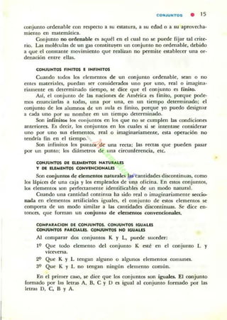 CONJUNTOS • 15
conjumo ordenable con respecto a su estatura, a su edad o a su aprovecha-
miemo en matemática_
Conjunto no ordenable es aquél en el cual no se puede fijar tal crile-
rio. I..a.s moléculas de un gas constituyen un conjunto no ordenable. debido
a que el constante movimiento que realizan no permile establectt una or-
denación emre ellas.
CONJUNTOS fiNITOS I INfiNITOS
Cuando todos los elementos de un conjunto ordenable, sean o no
ente¡ materiales, puwan ser considerados uno por uno, real o imagina-
riamente en determinado tiempo. se dice que el conjumo es finito.
AsI, el conjunto de las naciones de Arntria es finito, porque pode-
mos enunciarlas a lodas, una por una, en un tiempo determinado: el
conjunto de los alumnos de un aula es finito, porque yo puedo designar
a cada uno por su nombre en un tiempo determinado.
Son inrini(~ loe conjuntos en 105 que no se cumplen las condiciones
antenores. Es decir, los conjuntos en los cuales si se intentase ('onsidenr
uno por uno sus elt:mentos. real o imaginariamente, esta operación no
tendrla fin en el tiempo.
Son infinitos los pumos de una recta; las rectas que pueden pasar
por un punto; los diámetros de una circunfttencia, etc_
CONJUNTOS DI IUMINTOS NATURALU
T DI IUMINTOS CONVENCIONAlES
Son conjuntos de elementos naturales las cantidades discontinuas, como
los llipices de una caja y los empleados de una oficina. En estOS conjumos,
lO'! elementos son perfectamente identificables de un modo natural.
Cuando una camidad continua ha sido real o imaginariamente seccio-
nada en elementos anificiales iguales. el conjunto de estos elementos se
comporta de un modo similar a las cantidades discominuas. Se dice en-
tonces, que forman un conjunto de elementos convencionales.
COMPARACION DE CONJUNTOS. CONJUNTOS IGUALES
CONJUNTOS 'AReIAW. CONJUNTOS NO tGUALES
Al comparar dos conjuntos K y L, puede suceder:
H' Que todo e1ememo del conjumo K esté en el conjunto L y
vicevena.
29 Que K y L tengan alguno o algunos e1ememos comunes.
39 Que K y L no tengan ningún elemento común.
En el primer caso, se dia que los conjuntos ron iguales. [1 conjunto
fonnado por las letras A, B. C Y O es igual al conjuma fonnado por las
letras O, C, B y A.
 