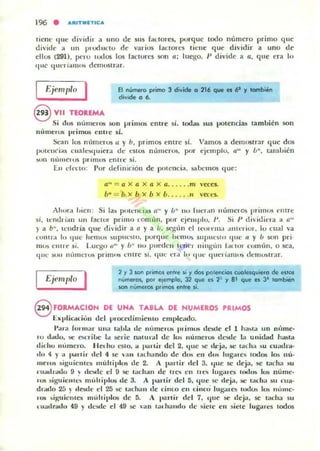 196 • ARIT",rn C a,
tiene (1IIt· di'idir a uno de sus faclOres. purque todo número primo que
divide :1 un pruductu de varios faCIOI-es tiene que dividir a uno dc
ellos (291), pcn) ItXlos los lactores son 1'1; luego. P divide a a, que era In
' luC IIlt' r ¡:lnu,~ demustrar,
Ejem/,lo ) El niimero primo 3 di~Jde O 716 que ft e y también
div.de g 6,
8 VII TEOREMA
Si dos númer(l!) son primos entre sí. IOdas sus potencial; también SOn
lIIimen.lS primos entre si.
Sean lus numcTOlI ti y 1,. primos entre sí. Vamos a demostrar quc dos
ejemplu. {{'" y 11-, tamhiénIlUtcllCias cualcsquicra dc l'stus níllllerus. por
:'<111 1III1I1C1"05 pnmus cntH: si.
El! c.:fc(:(n: Pur definición de pw cncia. ik'llwlIIOS (Iue:
(1 " = ti X (1 X ti X CI.... ..m veces.
bn
"" b x b x b x b.. ... ." veccs..
A I,..r•• bien : Si Ial; putl·llci¡u a" y Ú" 1111 IUI:I",III numcrO!> prim~ cntre:
sí, tcmlrian 1111 facw,- primo 10m un, pur ejemplu, 1'. Si I~ d i ¡ditra a 1/'.
)' a b", tcndría que diddir a a y a Ú, se<';:I'm d ccon'lIla :J lltt'r iul , lu cual va
lCIlHr.1 lo tlllC hemus supunw, porquc hl·mUlo SIII)II(·SIU quc a y fJ Sllll pri·
II1 U~ entre sí. Luego {lOO y fJn no pueden U'I1('1 ningílll Lit 101- cumlin. o sea,
'11It: SIIII nllll1t:ltJ~ primos t:lltre ~I, <¡Ul' t".1 1" 'lUtOc¡ued,IIIl"!I c-1Cl11vMr;lT.
Ejc//II)lo I 2 Y 3 s.on p.'mos entre " y do, PO;('n(,g$ (uolnquielo de ef,1O$
n~mero,. por ~emplo. 31 que e, 2' y 81 que es JI tombten
s.on n~menlS pr,mos enlre ~.
S rORMACIOH DE UNA TABLA DE HUMEROS PRIMOS
ElIIlllic,¡ciúlI del I'l"Ocalimiento empleado.
1';lra rurlll¡¡r una la!Jl.¡, de nilme'·us primus deS(k d 1 h¡¡sca un uílrne·
I"U dado. se! oCl"ibe la serie naHn"a1 de los lIume ros dl-sde la uni,J:¡d h;lSla
dilho 1II"m ero. Iletllu l'Sto, 11 1)OIIUr dd 2, (Iue!>(' d/:ja, se taeha!lu cuadra·
.1" 4 Y " I~..ti .. dd 4 SI'! arl lathando de dos CII dus lug:u e.s codos lo,; nu·
mcroli .si¡;uienu:li múhiplo!i tle 2. A pótrlir e1el J. (lile se deja, se l;Ieh;, su
c·ua¡h"ildo 9 ~ dl"Sf1c el 9 se cachan de II·C~ CII II"('~ lu¡;¡¡re. uNlos los núme·
rt.lS siguiclllt:. IIlI.hiplos de 3. A l>;u'lir del 5, (lile M! deja. se calIJ" su (·ua·
dnlllo 25 ) ¡Iestlt, el 25 ~c I;lrh"n .Ie dnt:o en li",·o lug;ue. Indus Ill/i níllllc,
lOS ~iguicl1le~ Illllltil'lCJ>!j de 5. A pa nir cleI 7, cluC be dej¡¡, se lach;1 su
(1I¡¡c1r;ul" 49 y dc'>(!t: cl 49 se ,ao 101' h;lInlo tic " ;CIC CII sicte lug.u·cs lodos
 